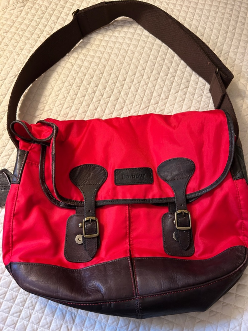 Barbour Red Messenger Bag with Brown Leather Trim